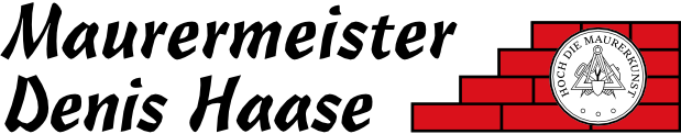 Logo von Maurermeister Denis Haase mit Zunftzeichen und stilisierter roter Mauer.