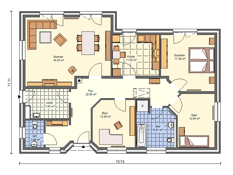 Grundriss eines Bungalows mit Wohn-, Schlaf-, Gäste-, Bad-, Büro- und Hauswirtschaftsraum auf einer Etage.